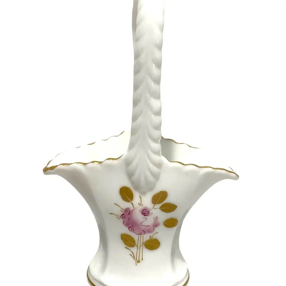 Westmoreland milk glass bride's basket hand painted signed top handle vase